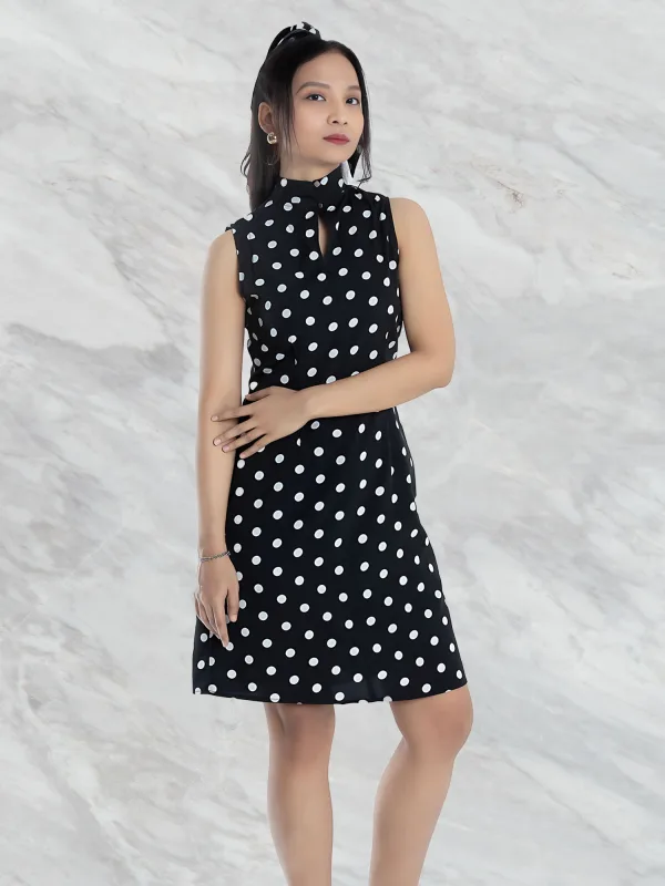 Black Polkadot Tie-Up Skater Dress