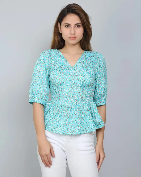 Aqua Blue Floral Ruffle Top
