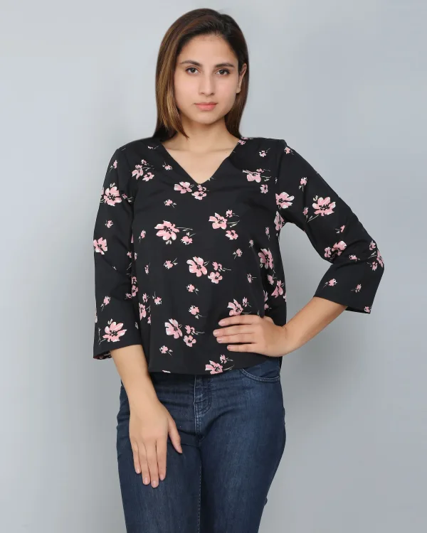 Black Floral V-Neck Top