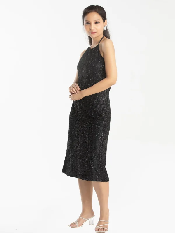 Black Self Design Halterneck Dress