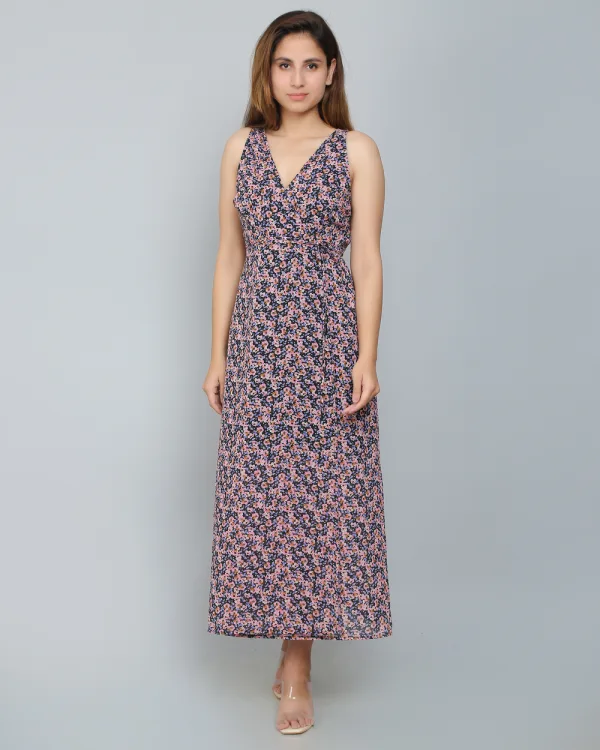 Black Floral Sleeveless Wrap Dress