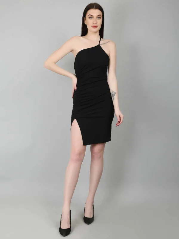 Black one strap slit dress