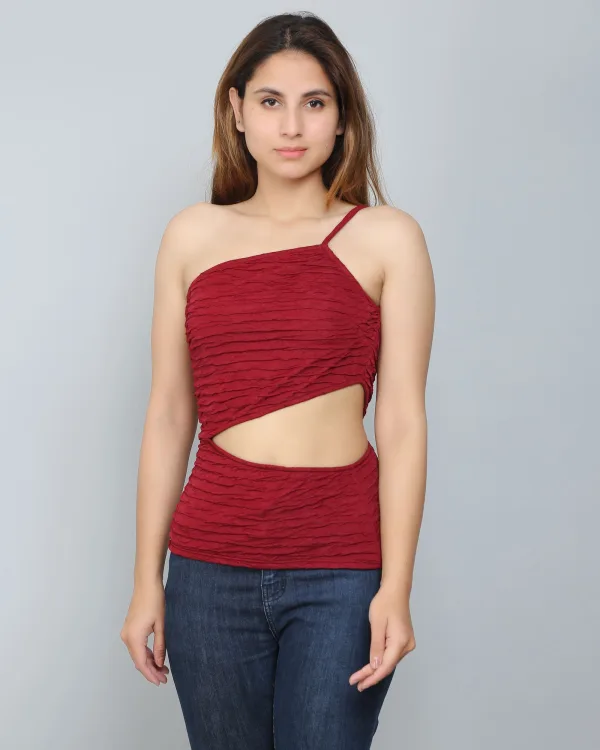 Burgundy Self-Design Frill Cut-Out Top