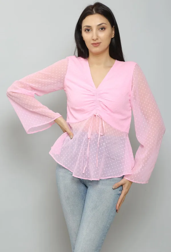 Light Pink Self Design Peplum Top