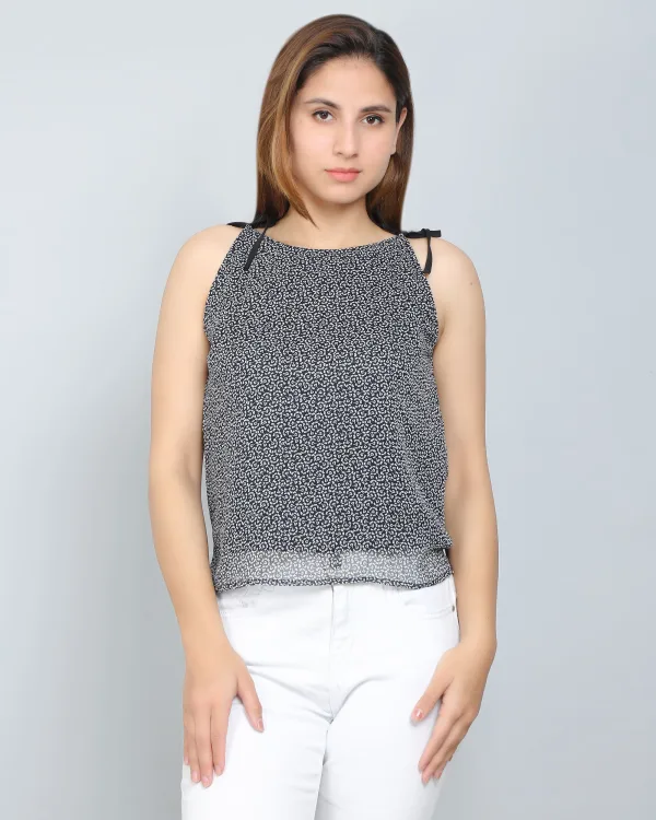 Black Ditsy Floral Tie-Up Top