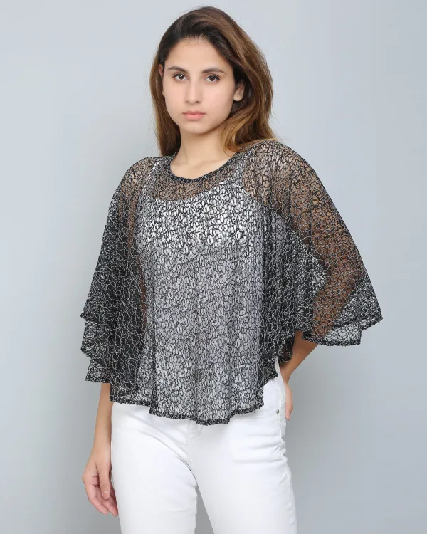 Black Self Design Lace Poncho