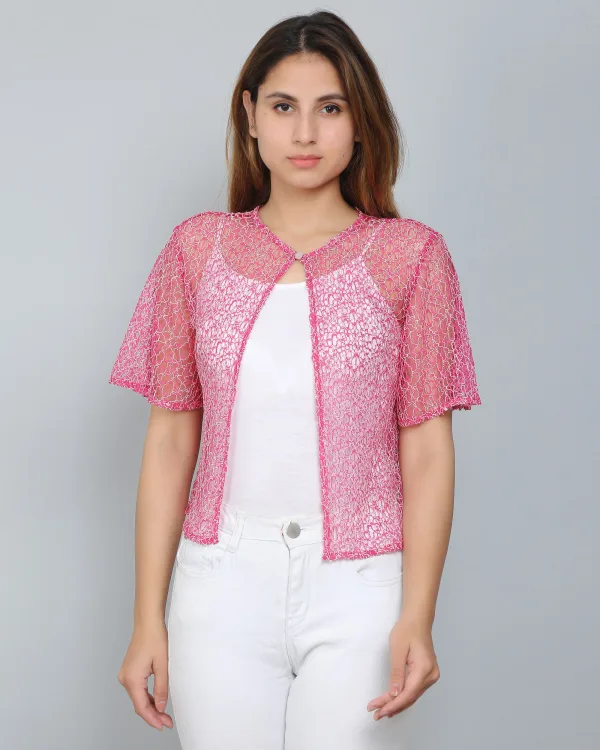 Pink Self Design Lace Shrug