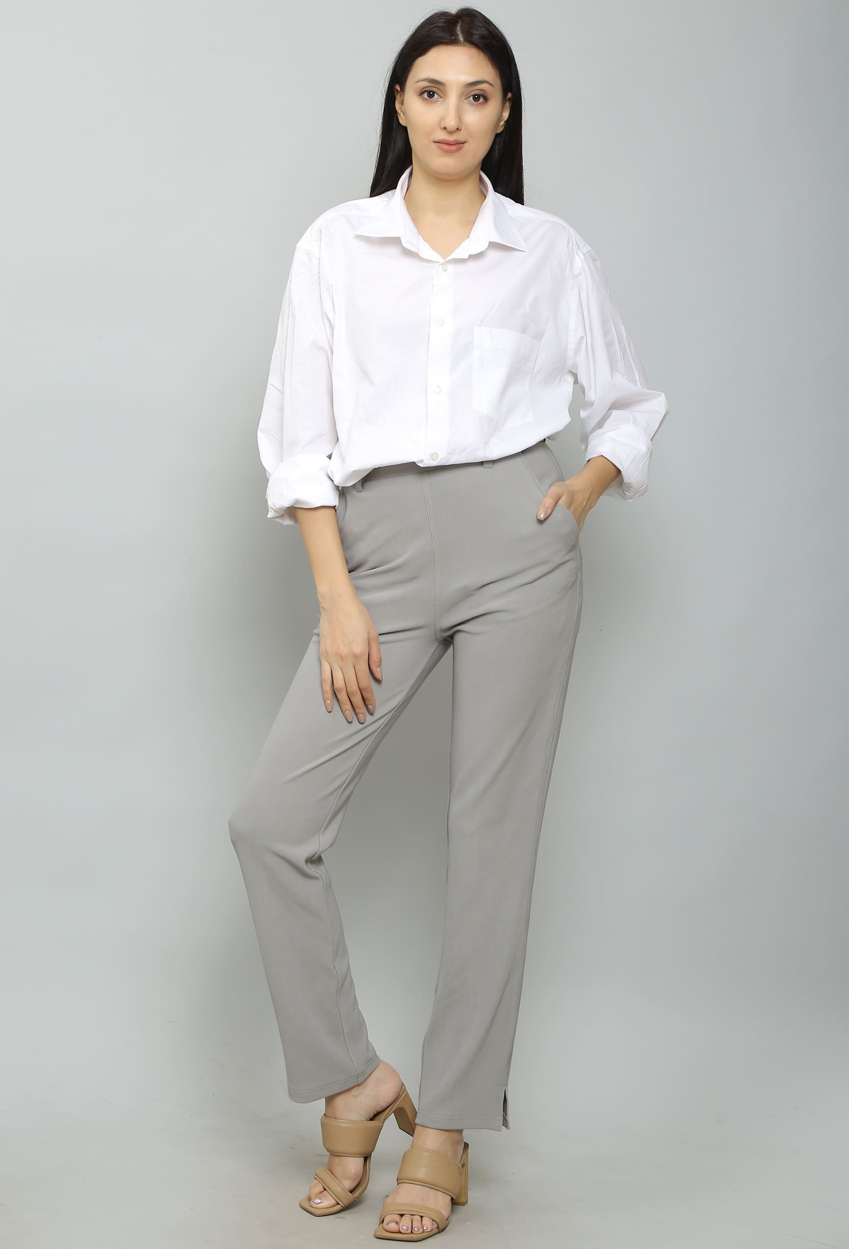 women grey fit trousers online